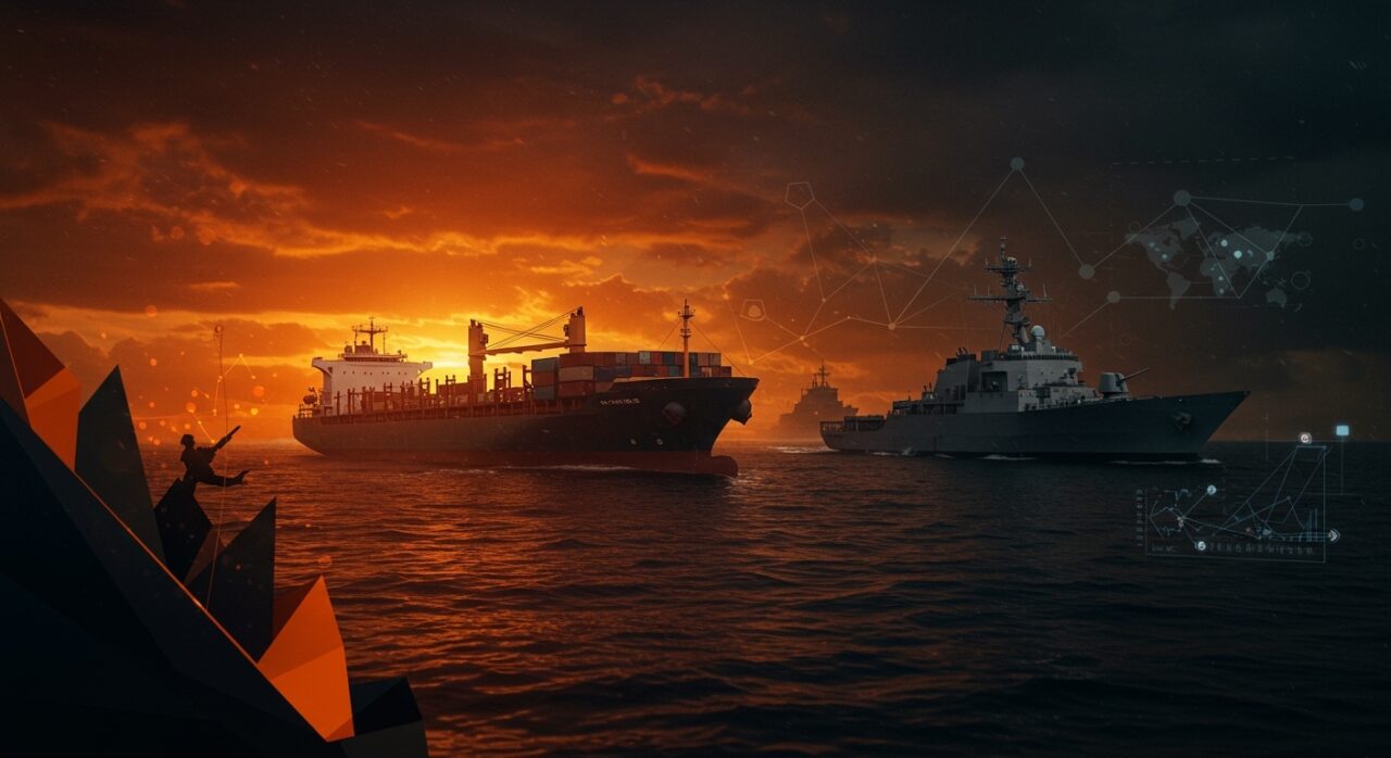 Intercepción de barco en el Golfo de Omán simbolizando riesgos comerciales y derecho de presa para startups de comercio internacional.