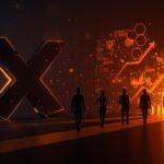 Éxodo digital de la plataforma X representado por profesionales tech migrando hacia nuevas alternativas, reflejando cambios en estrategias digitales y tendencias de mercado.