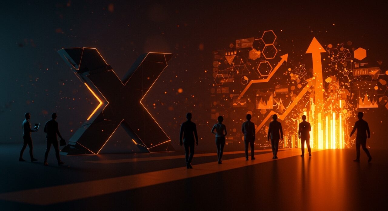 Éxodo digital de la plataforma X representado por profesionales tech migrando hacia nuevas alternativas, reflejando cambios en estrategias digitales y tendencias de mercado.