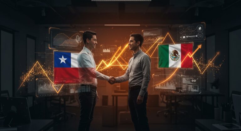 Startup chilena SaaS eGenya expandiéndose en México con socio local en facility management, simbolizando internacionalización y gestión operativa con software.