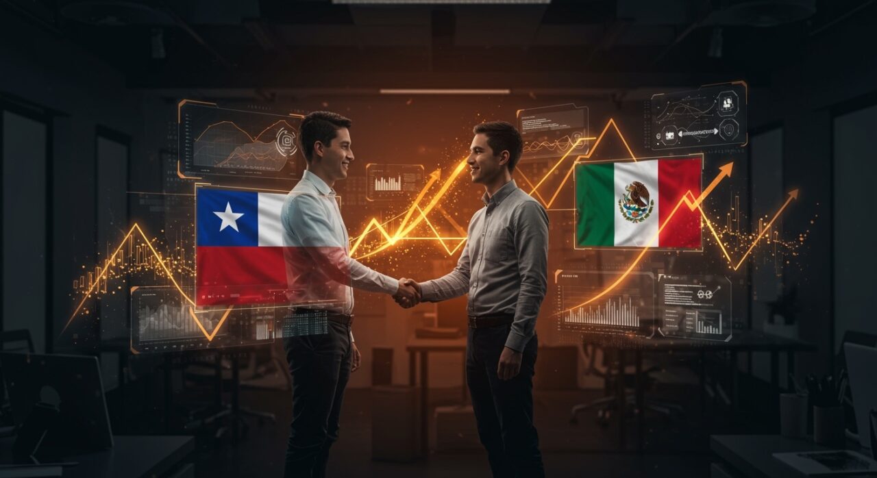 Startup chilena SaaS eGenya expandiéndose en México con socio local en facility management, simbolizando internacionalización y gestión operativa con software.