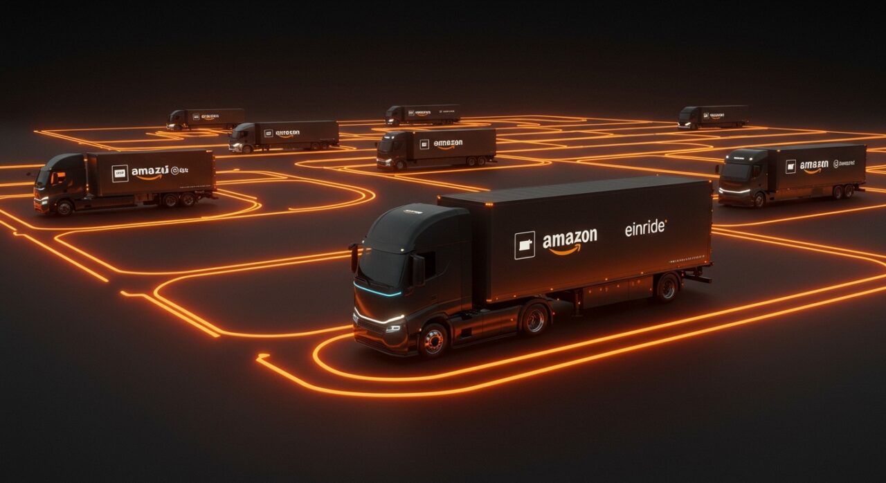Flota de 75 camiones eléctricos Einride desplegados por Amazon en EE.UU., destacando innovación en movilidad eléctrica y sostenibilidad en startups de hardware.
