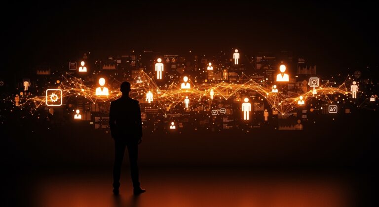 Líder tecnológico ante una interfaz digital transformada por agentes de IA en el futuro del software y automatización empresarial.