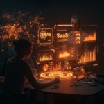 Modelo SaaS innovador con IA y automatización para pricing disruptivo, mostrando founders analizando datos digitales en ambiente tecnológico.