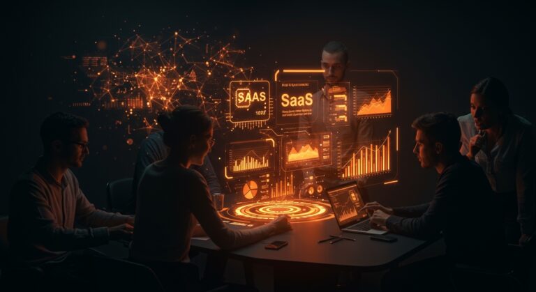 Modelo SaaS innovador con IA y automatización para pricing disruptivo, mostrando founders analizando datos digitales en ambiente tecnológico.