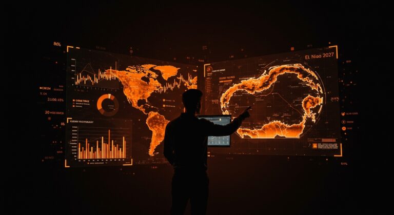 Impacto de El Niño 2027 en startups y riesgos climáticos con análisis económico visualizado en tonos naranja y negro.