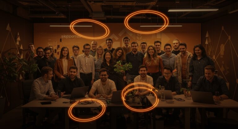 Equipo startup Electromate colaborando en oficina moderna, representando alta retención de talento y cultura organizacional en Canadá.