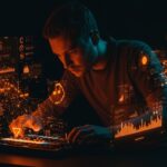 Founder creando música con inteligencia artificial en una interfaz digital futurista, simbolizando innovación y tecnología musical generada por IA.