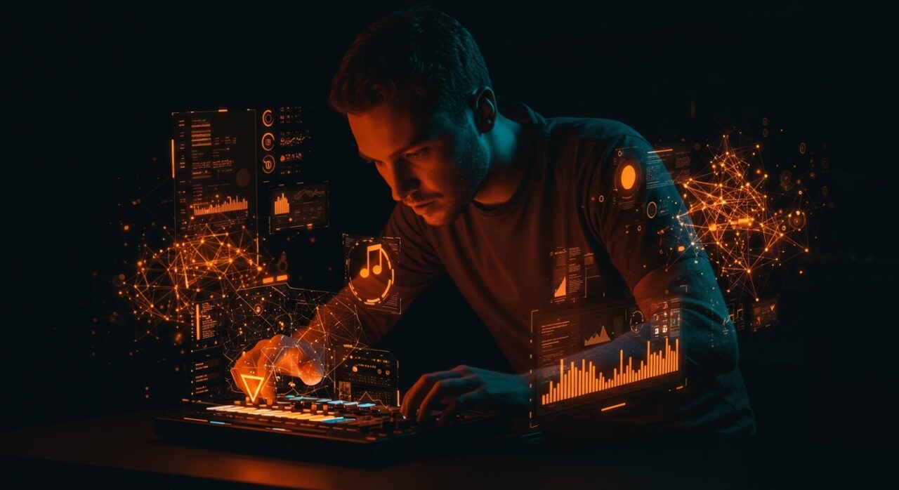 Founder creando música con inteligencia artificial en una interfaz digital futurista, simbolizando innovación y tecnología musical generada por IA.