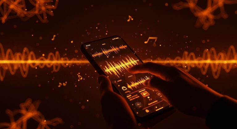 Aplicación ElevenMusic creando música con inteligencia artificial y licencias seguras en un entorno digital futurista.