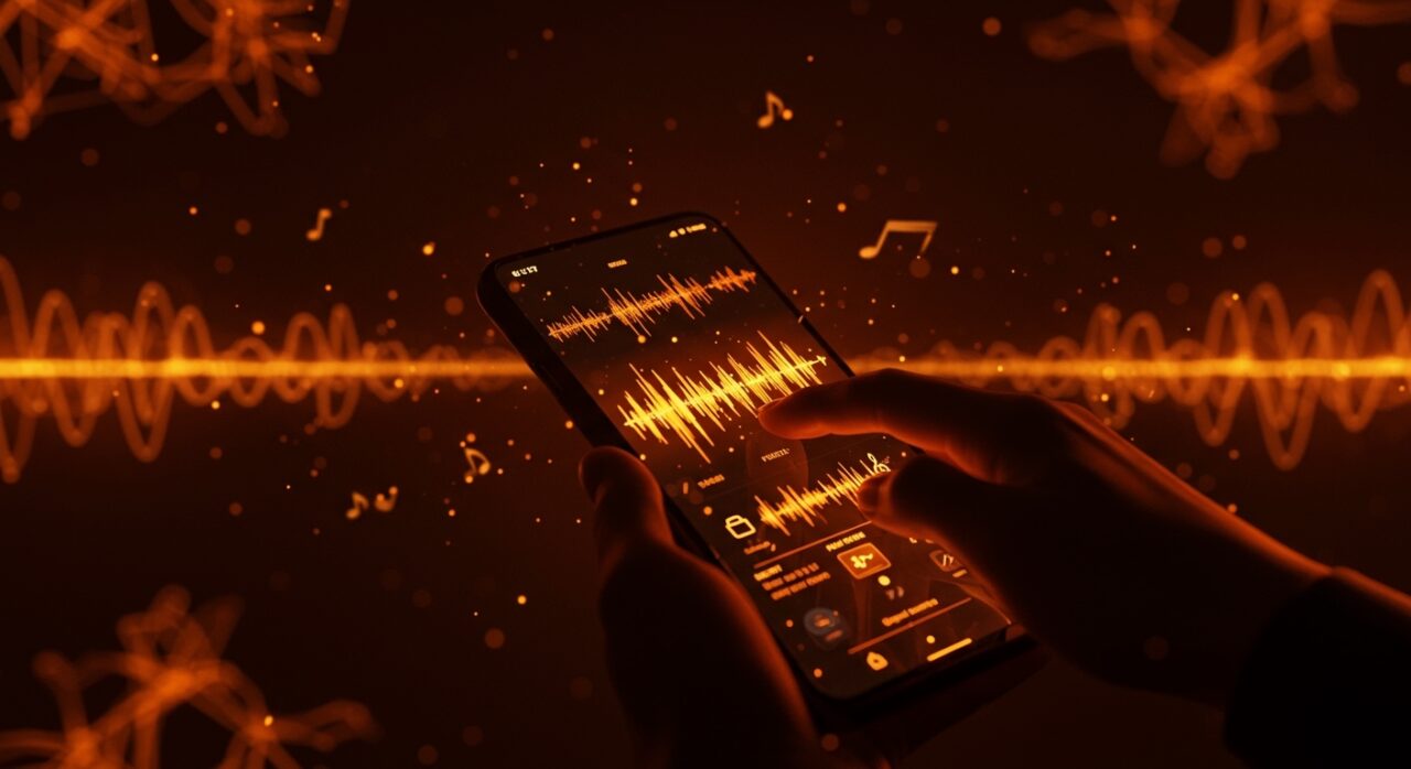 Aplicación ElevenMusic creando música con inteligencia artificial y licencias seguras en un entorno digital futurista.