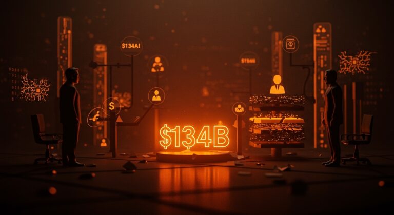 Juicio entre Elon Musk y OpenAI con representaciones digitales de IA, gobernanza y competencia tecnológica en un entorno editorial de alta tensión.