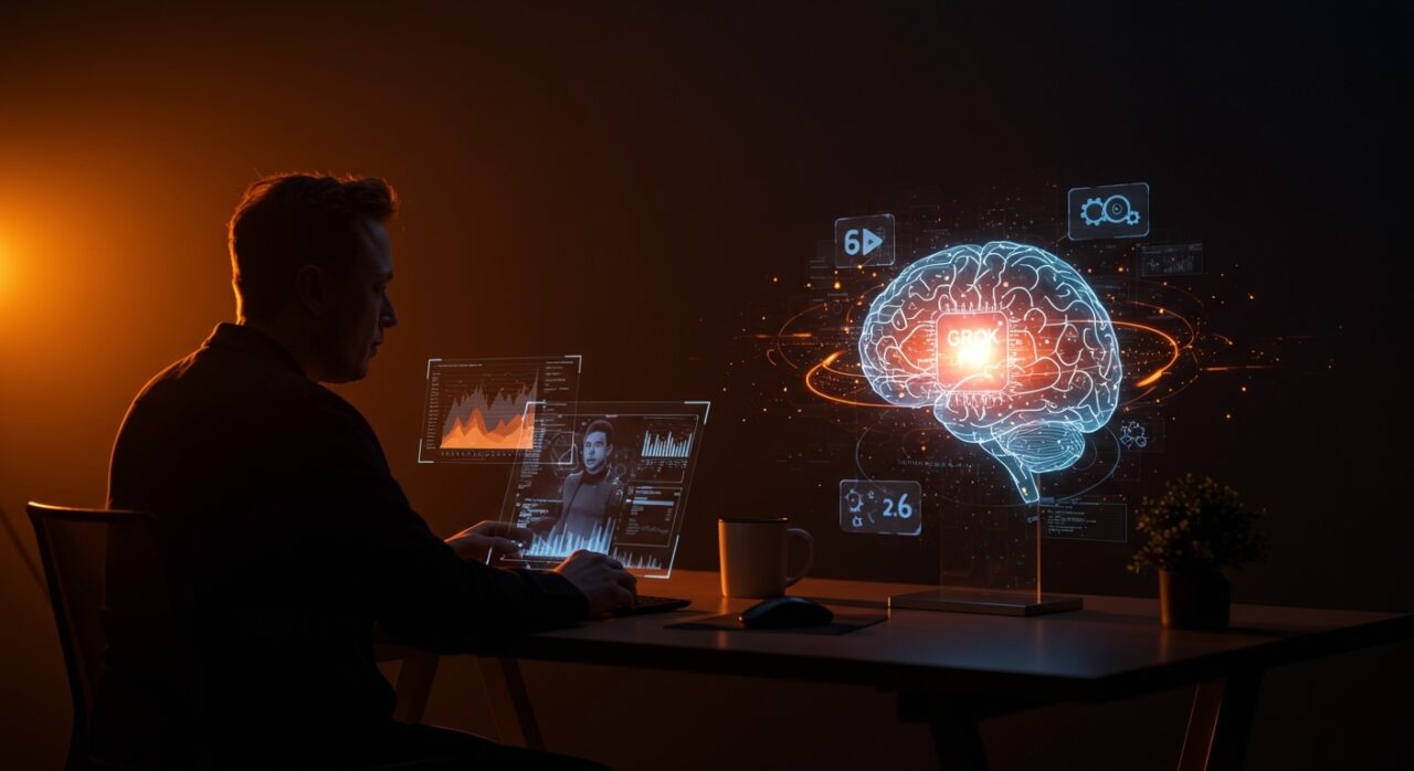 Elon Musk y xAI Grok representados con visuales de destilación de modelos OpenAI para startups de inteligencia artificial.