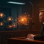 Elon Musk testificando sobre el uso de modelos OpenAI en xAI Grok, simbolizando desafíos en propiedad intelectual y startups de IA.