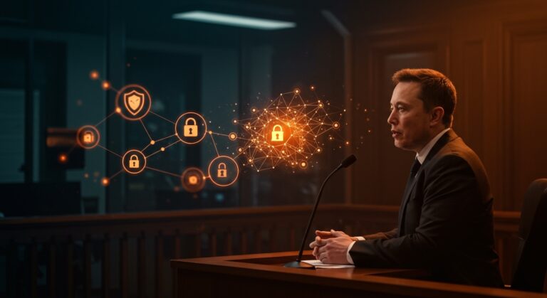 Elon Musk testificando sobre el uso de modelos OpenAI en xAI Grok, simbolizando desafíos en propiedad intelectual y startups de IA.