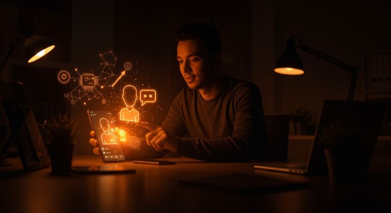 Interacción de founders con agentes IA en mensajería para startups tech y automatización.