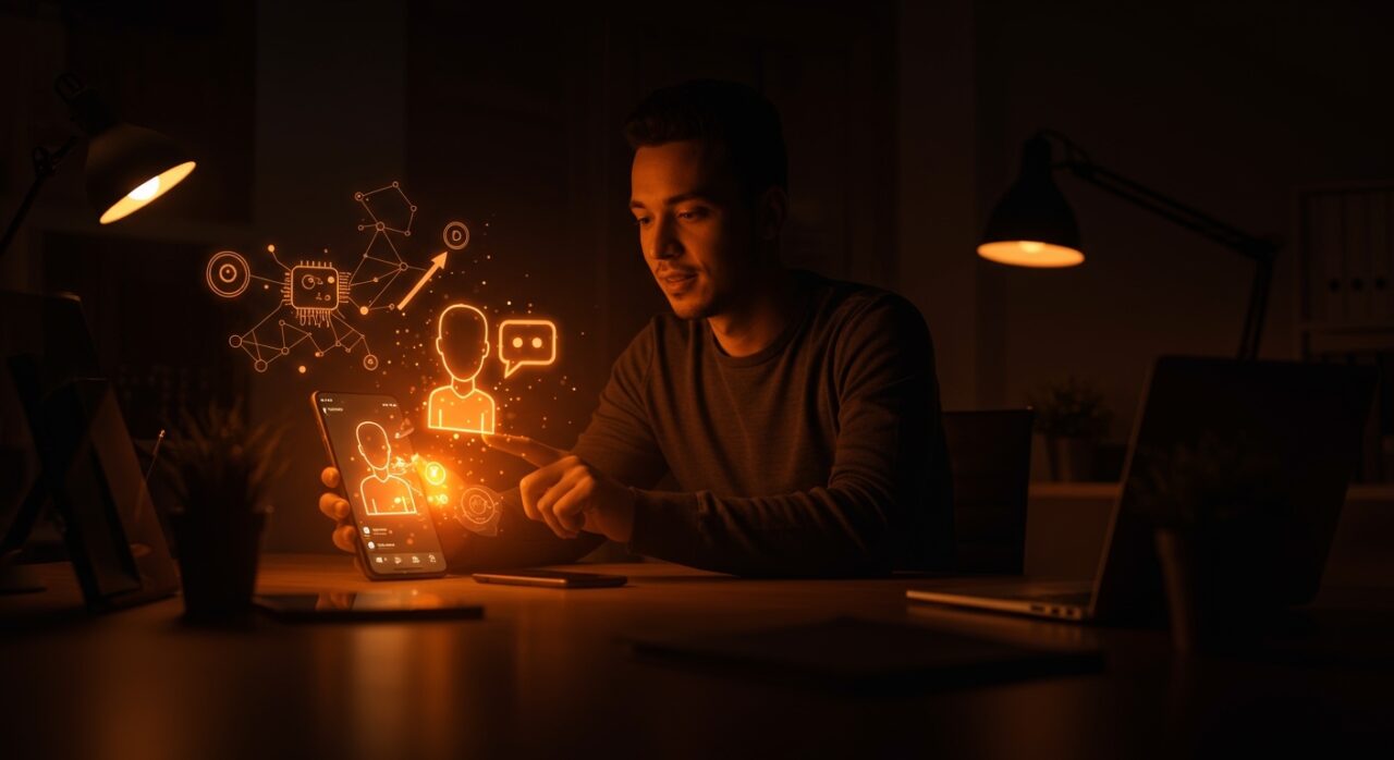 Interacción de founders con agentes IA en mensajería para startups tech y automatización.