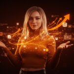 Avatar digital de influencer IA Emily Hart con iconografía MAGA destacando marketing digital y monetización en redes sociales desde India.