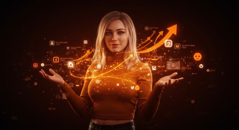 Avatar digital de influencer IA Emily Hart con iconografía MAGA destacando marketing digital y monetización en redes sociales desde India.