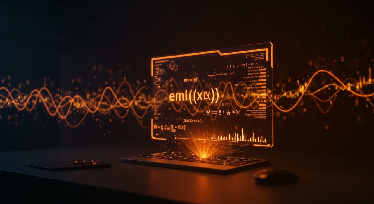 Operador binario eml visualizado en una interfaz digital con símbolos matemáticos, representando IA interpretable y regresión simbólica en startups tecnológicas.