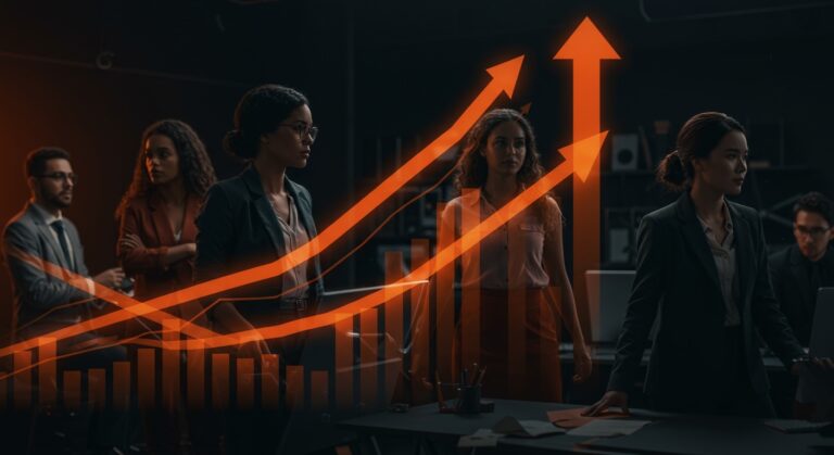 Crecimiento del empleo femenino en EE.UU. 2026 representado con profesionales mujeres liderando en un entorno laboral moderno y metáforas visuales de tendencia laboral.