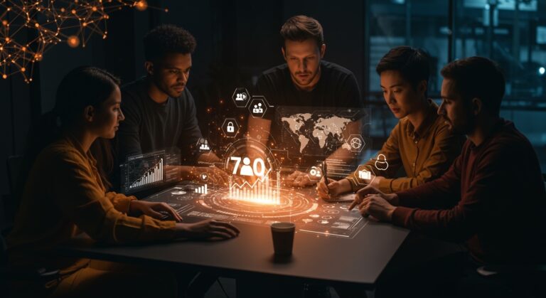 Fundadores de startups colaborando con hologramas futuristas que representan 170 millones de empleos nuevos y habilidades tecnológicas clave para 2030.