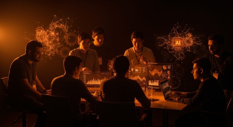 Fundadores de startups LATAM colaborando con inteligencia artificial y análisis de datos para escalar negocios tecnológicos.