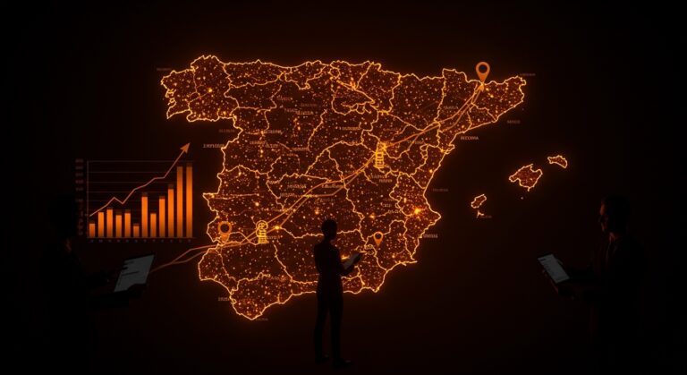 Mapa digital de España destacando las empresas más grandes en 2026 con crecimiento económico y capitalización bursátil.