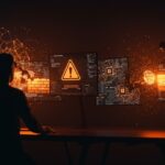 Founder enfrentando brechas de seguridad en herramientas de IA con acceso comprometido al firewall, simbolizando gobernanza y ciberseguridad en inteligencia artificial.