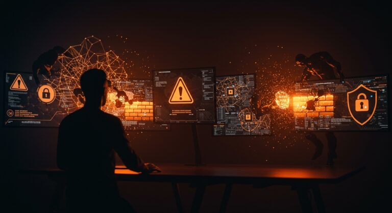 Founder enfrentando brechas de seguridad en herramientas de IA con acceso comprometido al firewall, simbolizando gobernanza y ciberseguridad en inteligencia artificial.