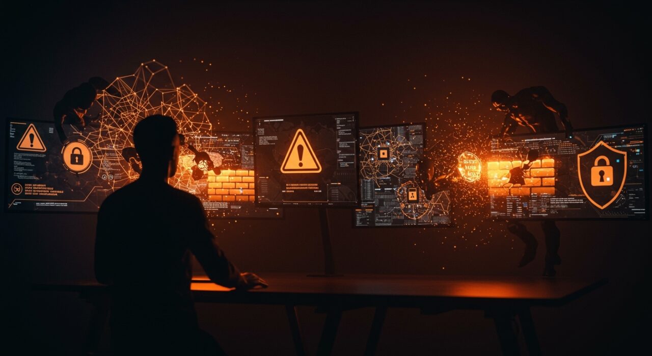 Founder enfrentando brechas de seguridad en herramientas de IA con acceso comprometido al firewall, simbolizando gobernanza y ciberseguridad en inteligencia artificial.
