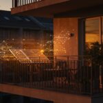 Balcón europeo con paneles solares integrados, ilustrando la tendencia de energía solar residencial sostenible e innovación tecnológica.