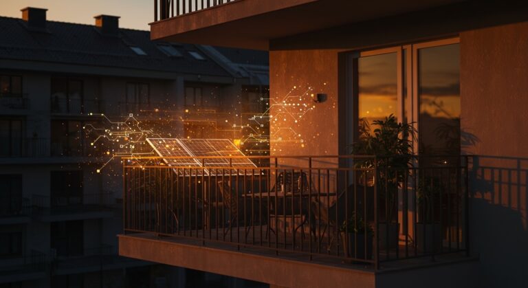 Balcón europeo con paneles solares integrados, ilustrando la tendencia de energía solar residencial sostenible e innovación tecnológica.