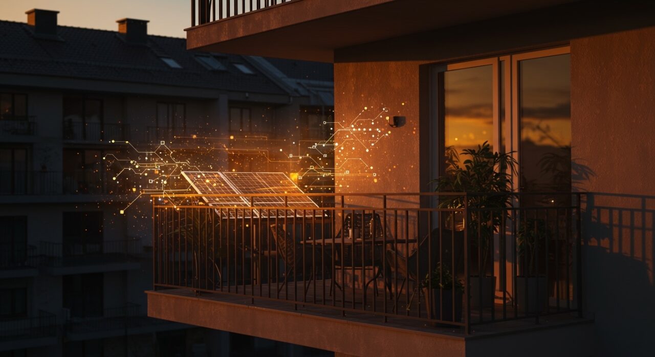 Balcón europeo con paneles solares integrados, ilustrando la tendencia de energía solar residencial sostenible e innovación tecnológica.