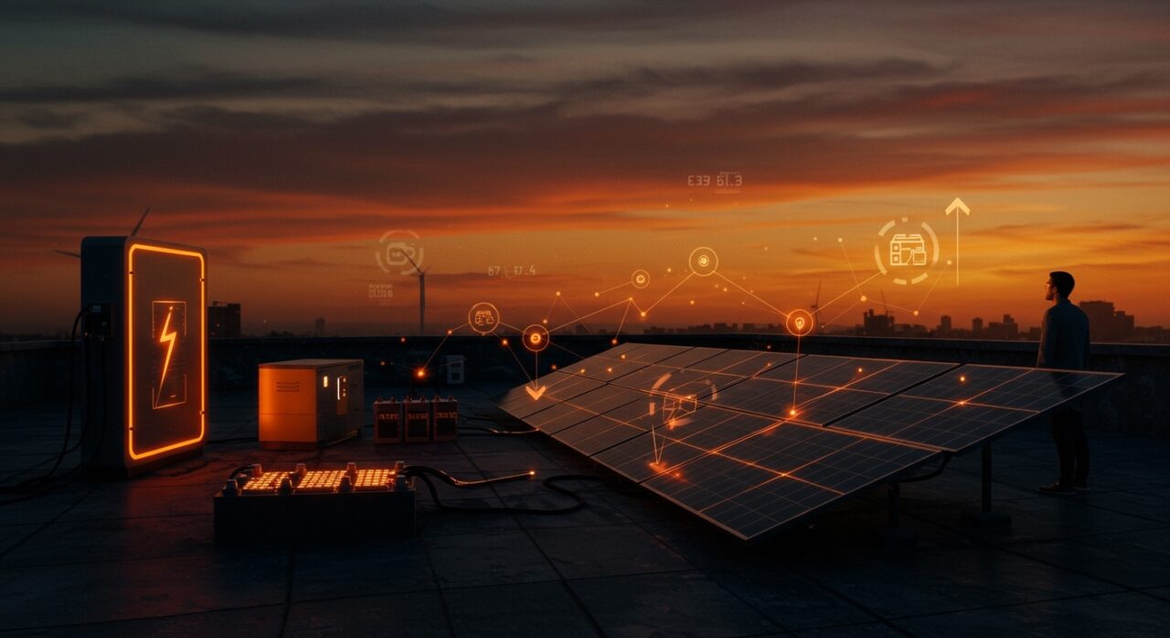 Innovadora combinación de energía solar y baterías representando el futuro de la electricidad global en la transición energética.