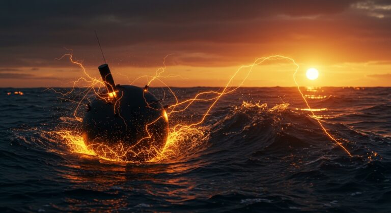 Dispositivo Ocean-2 de Panthalassa generando energía undimotriz en el océano para energía renovable y proyectos de hidrógeno verde.