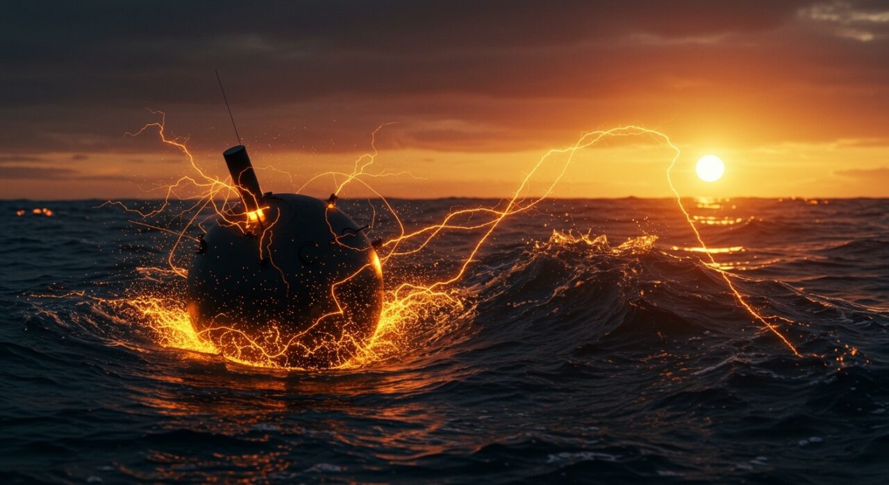 Dispositivo Ocean-2 de Panthalassa generando energía undimotriz en el océano para energía renovable y proyectos de hidrógeno verde.