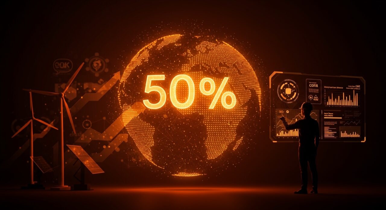 Capacidad eléctrica global de energías renovables alcanzando el 50% con innovación tecnológica y metas de COP28.