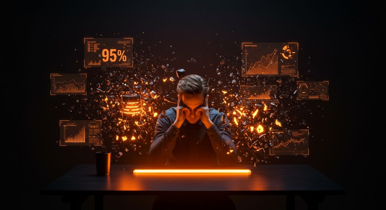 Founder preocupado ante fallas en inteligencia artificial enterprise y gestión de conocimiento empresarial con metáforas visuales de bases de datos gráficas y redes neuronales.