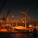 Puerto de Avilés liderando la energía eólica marina en España con logística e industrialización verde representada en un puerto dinámico.