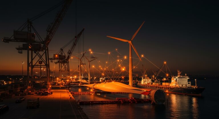 Puerto de Avilés liderando la energía eólica marina en España con logística e industrialización verde representada en un puerto dinámico.