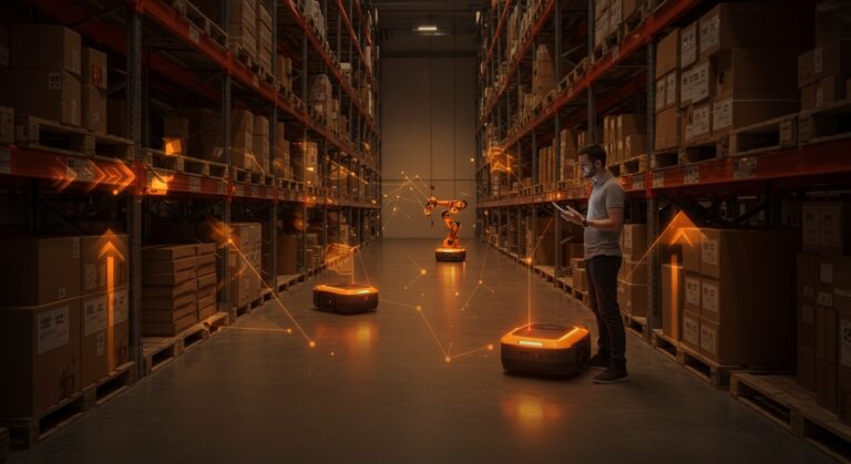 Robots autónomos Locus Robotics en un almacén automatizado, representando la automatización de almacenes y la innovación logística para startups en 2026.