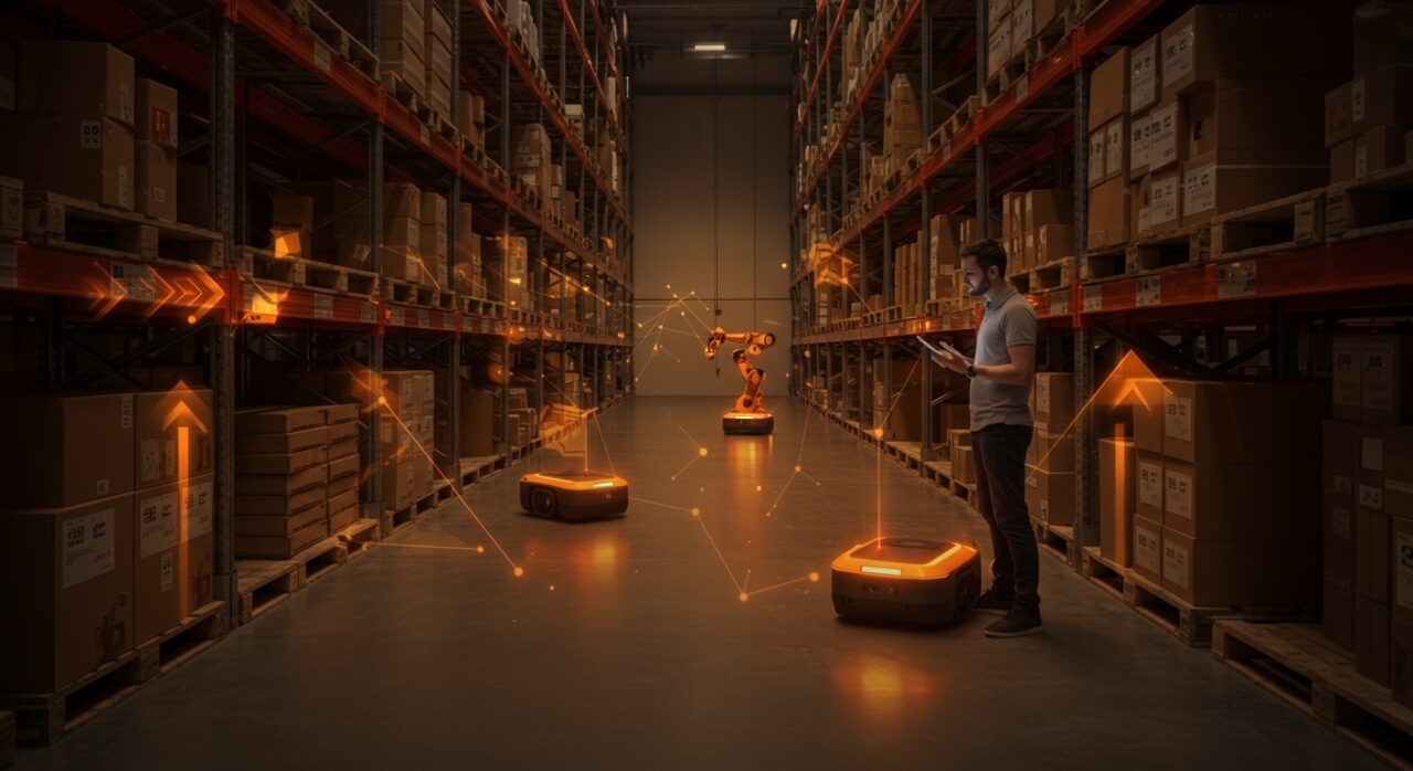 Robots autónomos Locus Robotics en un almacén automatizado, representando la automatización de almacenes y la innovación logística para startups en 2026.