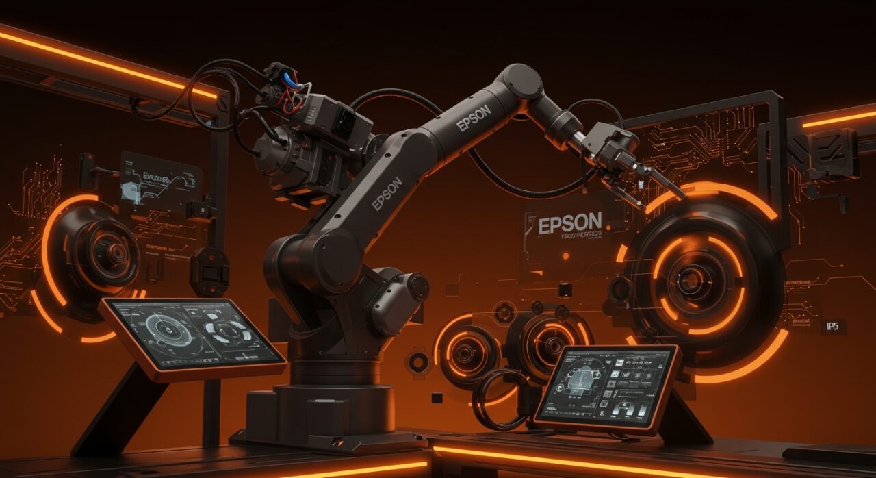 Robot industrial Epson CX-A de 6 ejes automatizando una línea de producción con tecnología GyroPlus y protección IP67, destacando la automatización industrial 2026.