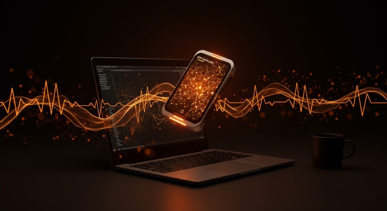 Dispositivo wearable futurista conectado a plataforma de software IA con enfoque en financiamiento y startups de hardware inteligente.