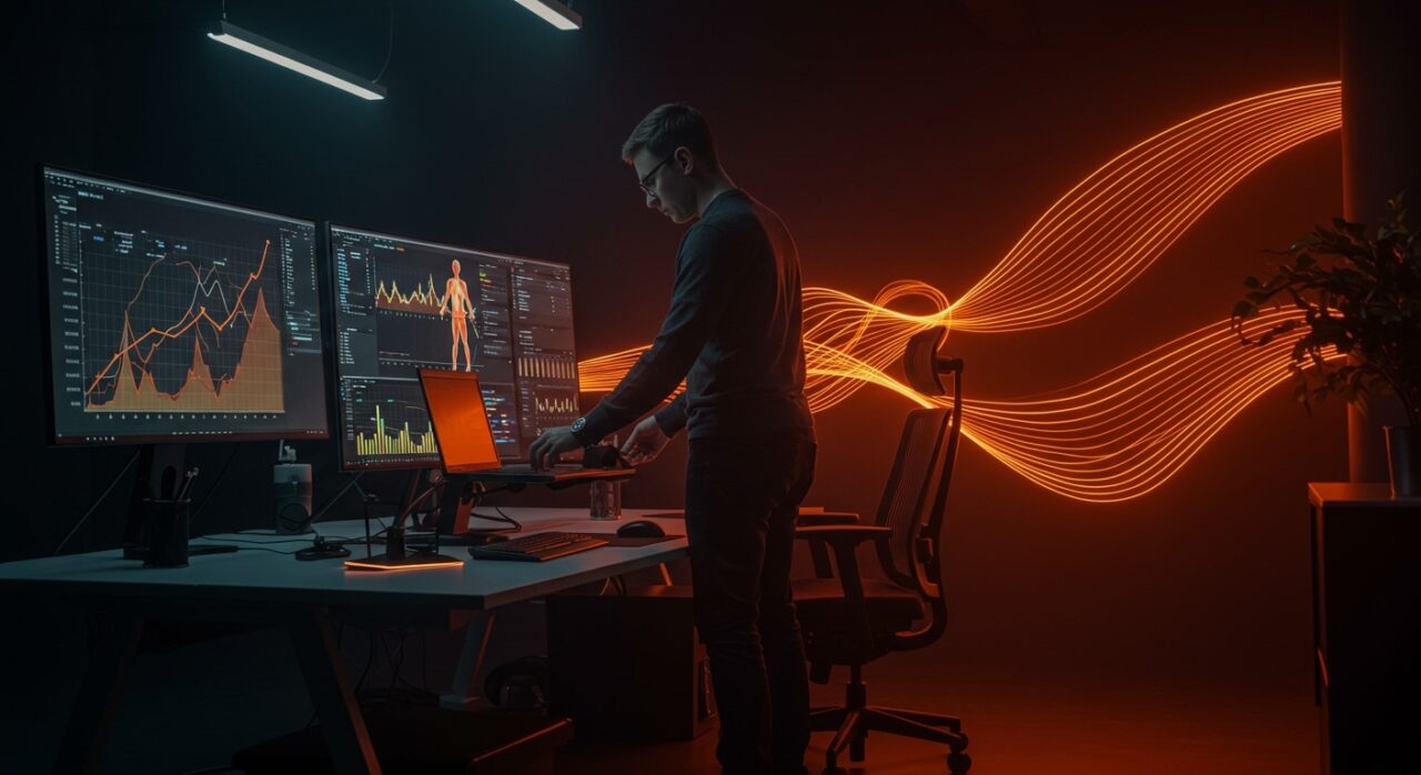 Founder ajustando setup ergonómico en oficina tech, mejorando bienestar laboral y postura para productividad en startups.