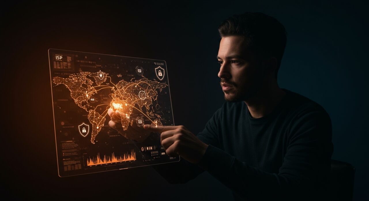 Startup security concept showing a founder examining BGP routes and RPKI protection to prevent ISP hijacks in internet infrastructure.