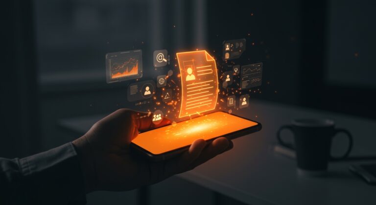 Founder usando escaneo móvil sin apps para automatización documental con herramientas nativas en un entorno de startup moderno.