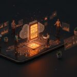 Smartphone innovador con eSIM y emprendedores de startups utilizando tecnología móvil avanzada para impulsar la movilidad y conectividad virtual.