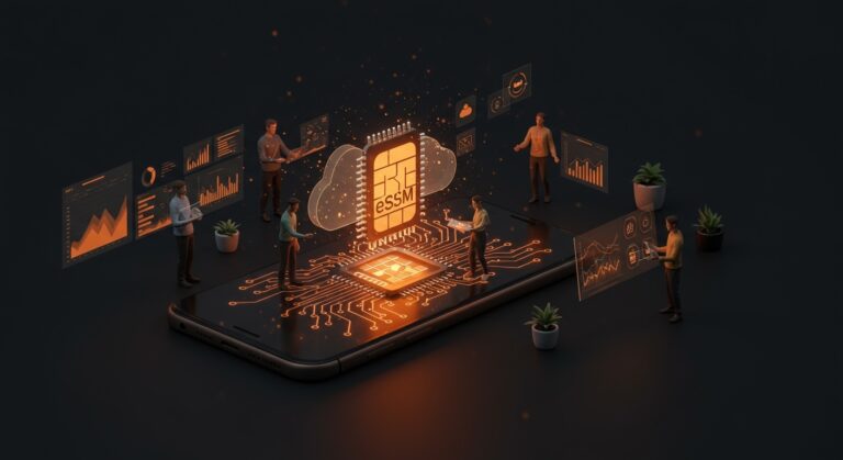 Smartphone innovador con eSIM y emprendedores de startups utilizando tecnología móvil avanzada para impulsar la movilidad y conectividad virtual.